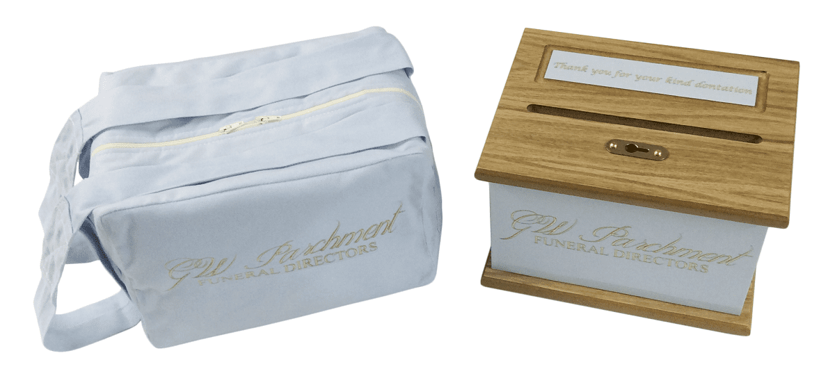 The mini donation box and matching carrybag Funeral Service Times